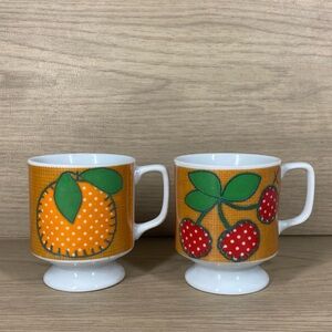 2 Cherry Orange Applique Pedestal Stacking Cup Mug Japan Patchwork Mid Century